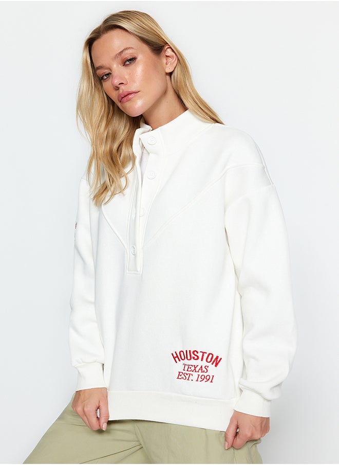 trendyol - Thick Inner Fleece Embroidery and Button Detail High Neck Oversize Knitted Sweatshirt - Image 1