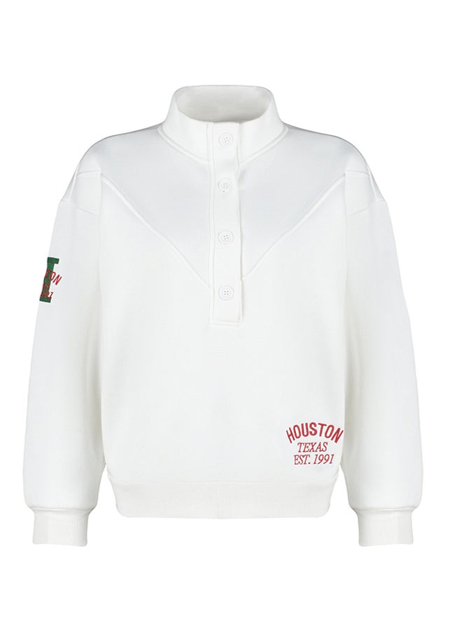trendyol - Thick Inner Fleece Embroidery and Button Detail High Neck Oversize Knitted Sweatshirt - Image 1