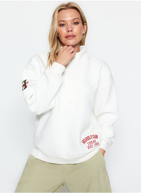 Thick Inner Fleece Embroidery and Button Detail High Neck Oversize Knitted Sweatshirt