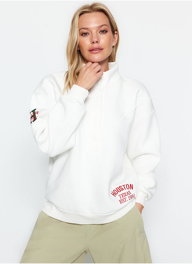 trendyol - Thick Inner Fleece Embroidery and Button Detail High Neck Oversize Knitted Sweatshirt - Image 1