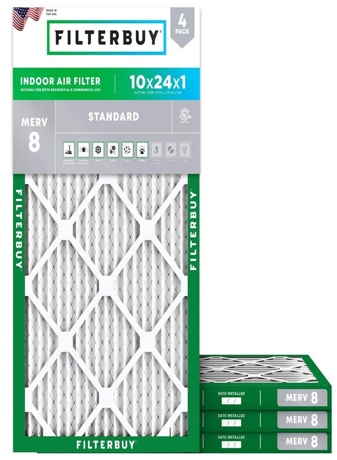 Filterbuy 10x24x1 Air Filter MERV 8 Dust Defense (4-Pack), Pleated HVAC AC Furnace Air Filters Replacement (Actual Size: 9.50 x 23.50 x 0.75 Inches) - Image 1
