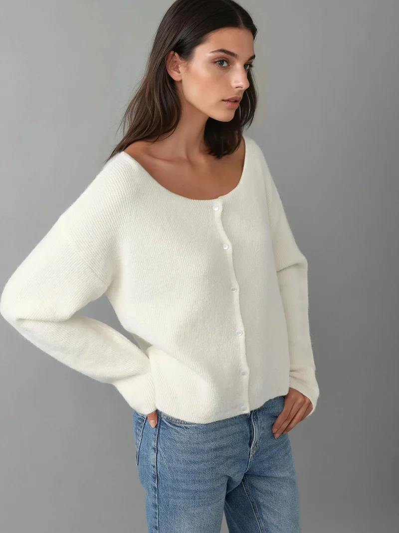 Hiccup Beige Natural Ultra Soft Crew Neck Buttoned Dual-use Cardigan for Women | Best Price UAE