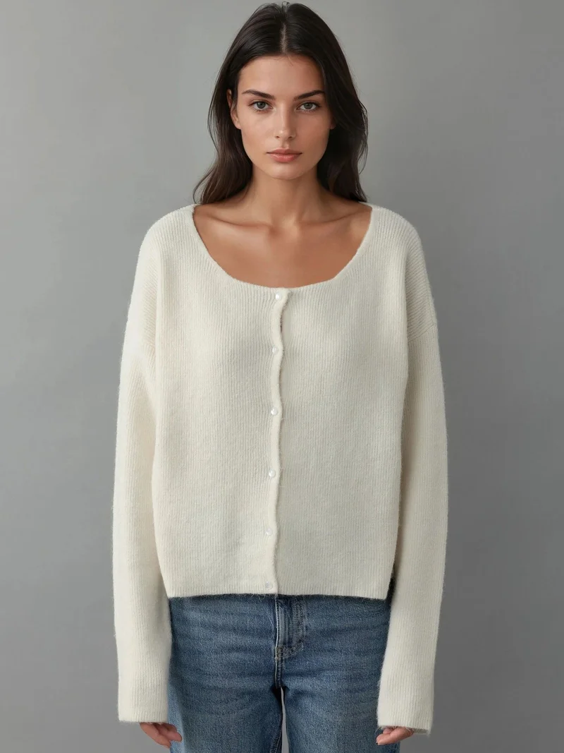 Hiccup Beige Natural Ultra Soft Crew Neck Buttoned Dual-use Cardigan for Women | Best Price UAE