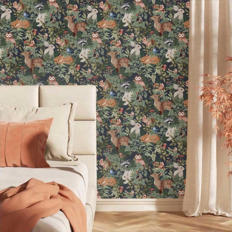 MuralPeel ورق جدران قابل للإزالة ذاتي اللصق بتصميم حيوانات الغابة - الغزلان والأرانب والسناجب والبوم والنباتات الخضراء - Image 5
