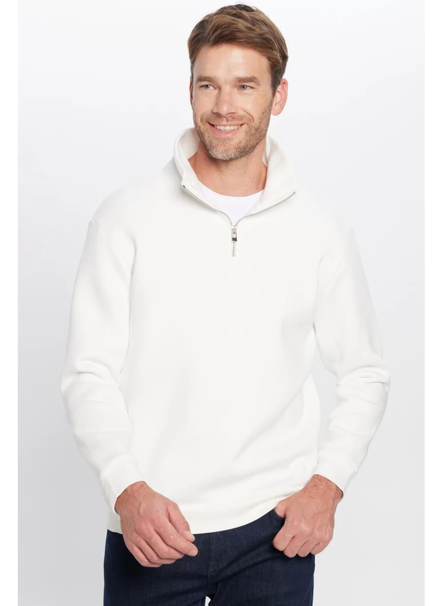 Tudors Relax Fit Comfortable Cut Cotton Fleece Lined Half Zipper White Stand Collar Sweatshirt