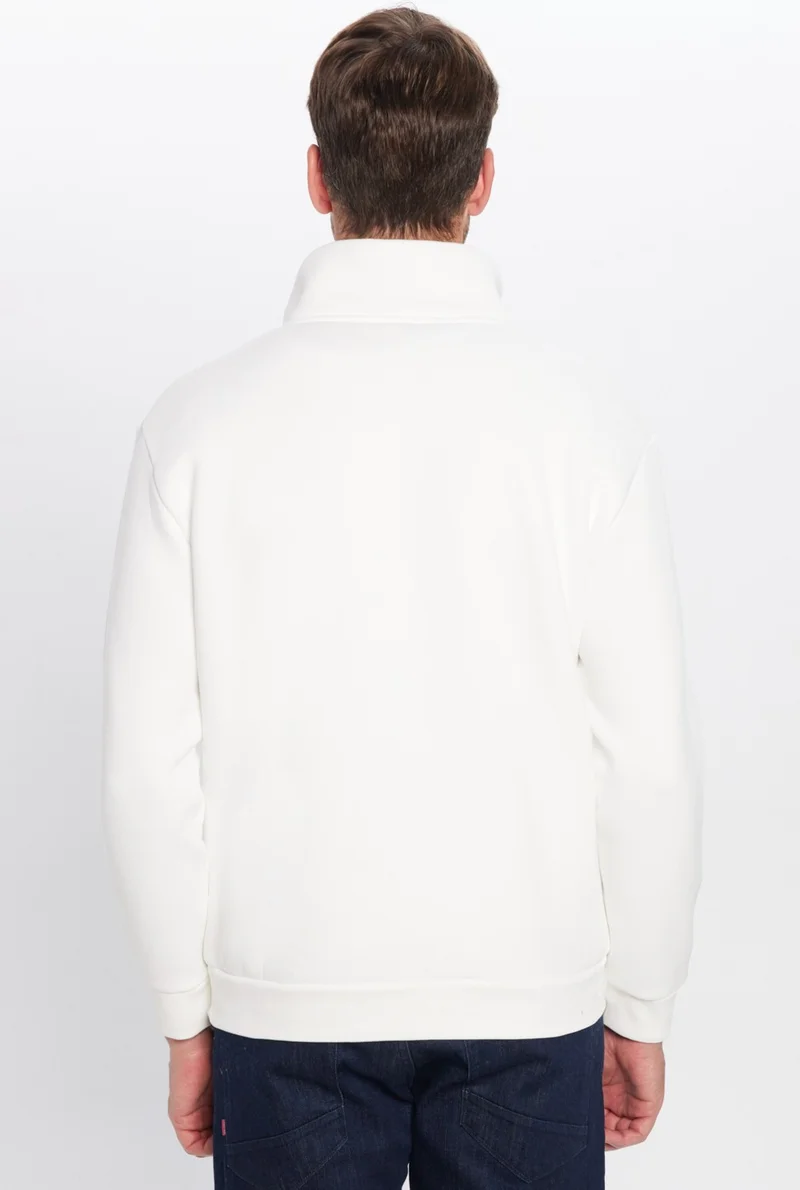 Tudors Relax Fit Comfortable Cut Cotton Fleece Lined Half Zipper White Stand Collar Sweatshirt