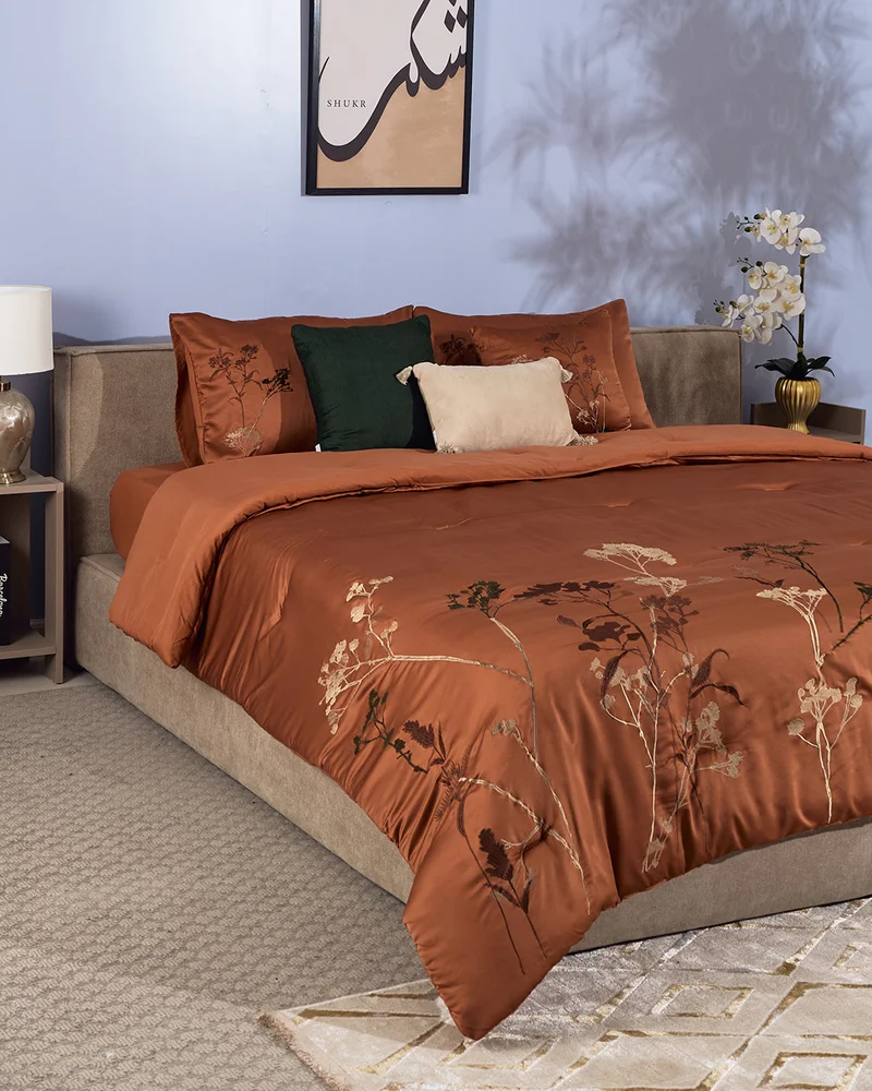 REDTAG Beige Floral Embroidery Comforter Set(260 x 240 cm)