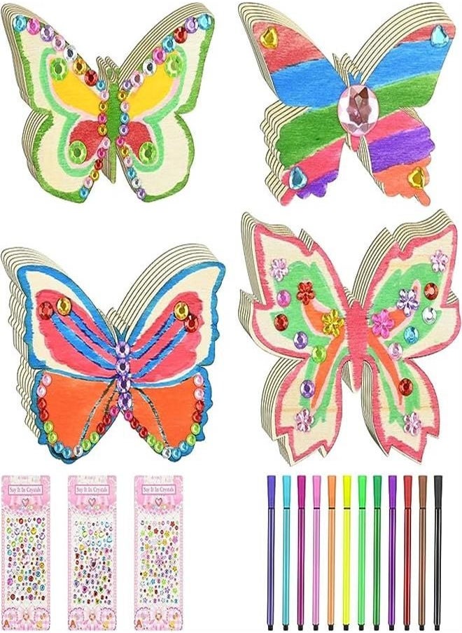 Generic - 28 Piece Butterfly Craft Set, Butterflies Wooden Craft Set, Butterflies for Painting with Watercolour Pen, Gemstone Stickers, Wooden Craft Sets for Children, Girls, DIY Painting Decoration - Image 1