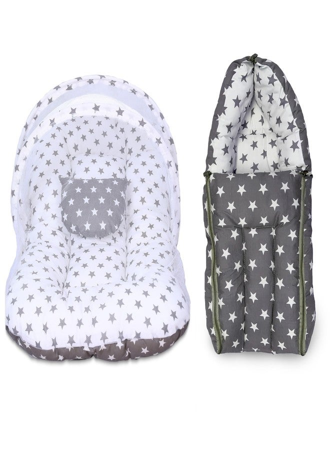 Infans Mini Baby Bedding Set for New Born Baby Sleeping Bag, Mosquito Net Bed Suitable Upto 6 Months Babies (Star Grey) - Image 1