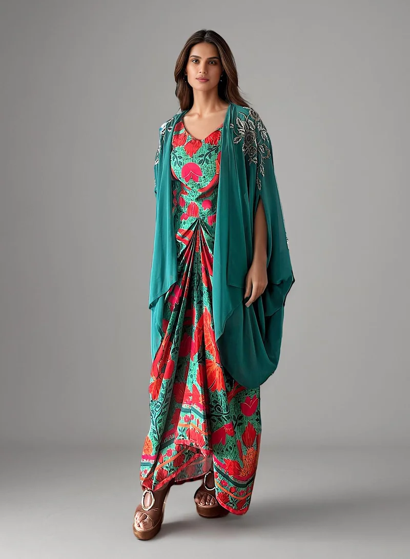 ECSTACY Floral Printed Cape Dress Set