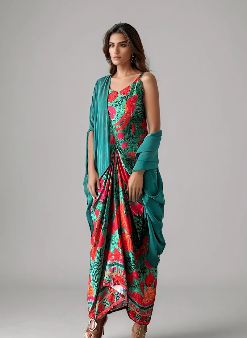 ECSTACY Floral Printed Cape Dress Set