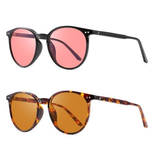 JFXQDR 2 Pack Indoor Fluorescent41 Pink Outdoor Fluorescent60 Brown Round Tinted Blue Light Blocking Glasses for Migraine Light Sensitivity Photophobia LED Gaming Computer Screen Glare RF6213 - Image 3