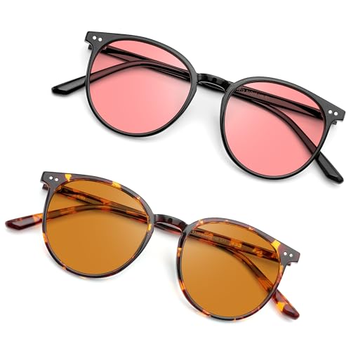 JFXQDR 2 Pack Indoor Fluorescent41 Pink Outdoor Fluorescent60 Brown Round Tinted Blue Light Blocking Glasses for Migraine Light Sensitivity Photophobia LED Gaming Computer Screen Glare RF6213 - Image 1