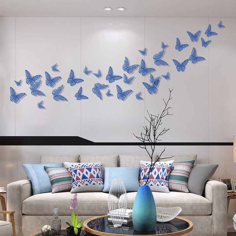 SAOROPEB 3D Butterfly Wall Decals, 72Pcs 3 Sizes 3 Styles, Removable Srickers Wall Deccor Room Mural for Party Cake Decoration Metallic Fridge Sticker Kids Bedroom Nursery Classroom Wedding Decor DIY Gift (Blu - Image 5