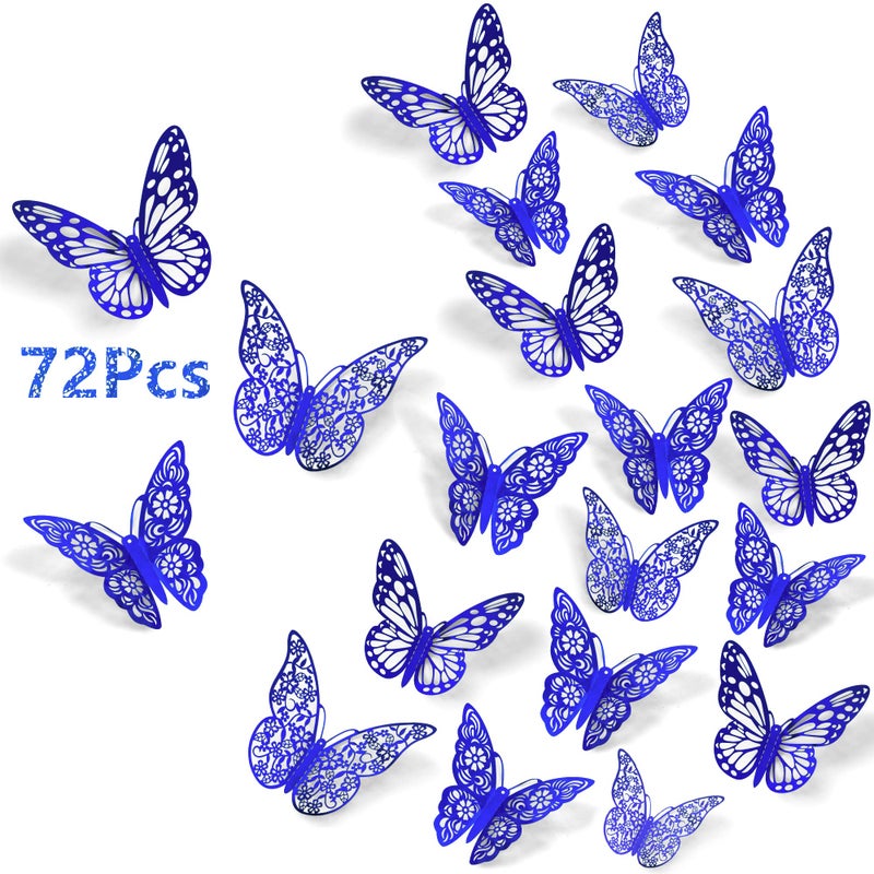 SAOROPEB 3D Butterfly Wall Decals, 72Pcs 3 Sizes 3 Styles, Removable Srickers Wall Deccor Room Mural for Party Cake Decoration Metallic Fridge Sticker Kids Bedroom Nursery Classroom Wedding Decor DIY Gift (Blu - Image 1