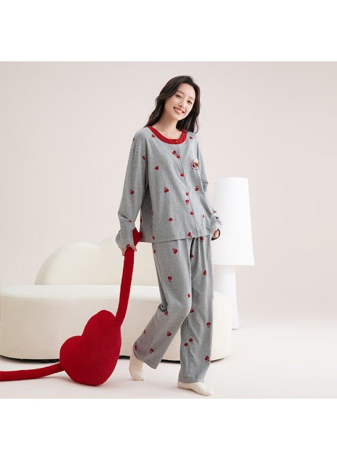 Fenton Fenteng Women's Pajamas, 100% Pure Cotton, Anti-static, Fall New Arrival, Contrasting Color Round Neck, Sweet Cherry Ladies Loungewear - Image 3