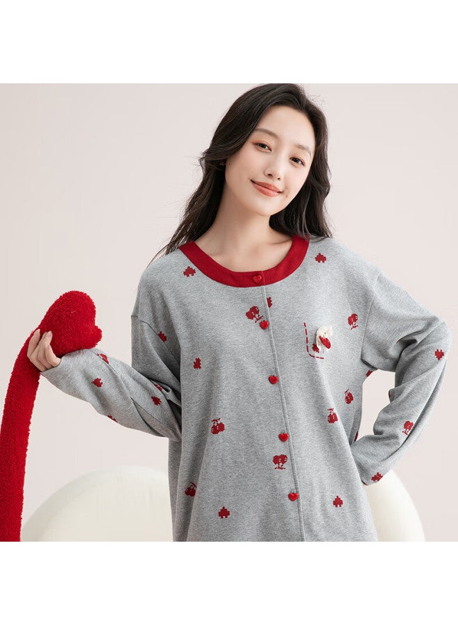 Fenton Fenteng Women's Pajamas, 100% Pure Cotton, Anti-static, Fall New Arrival, Contrasting Color Round Neck, Sweet Cherry Ladies Loungewear - Image 4