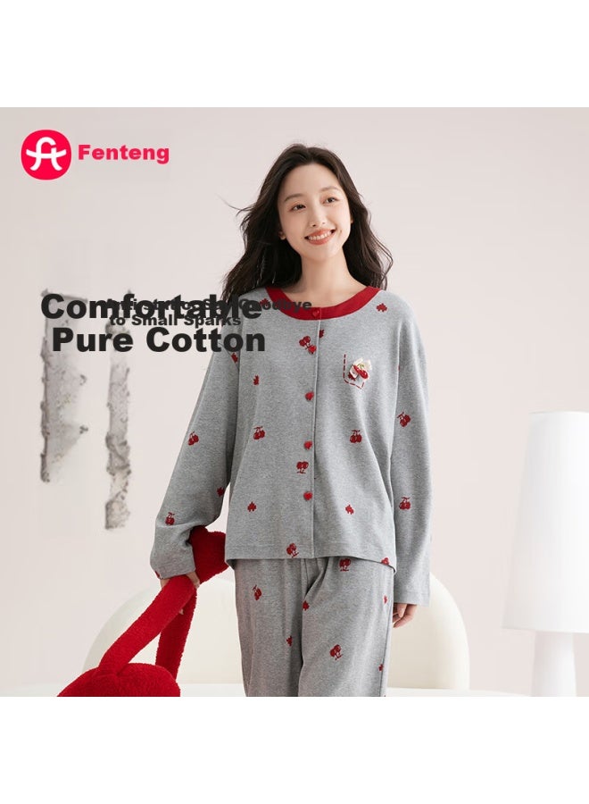Fenton Fenteng Women's Pajamas, 100% Pure Cotton, Anti-static, Fall New Arrival, Contrasting Color Round Neck, Sweet Cherry Ladies Loungewear - Image 1