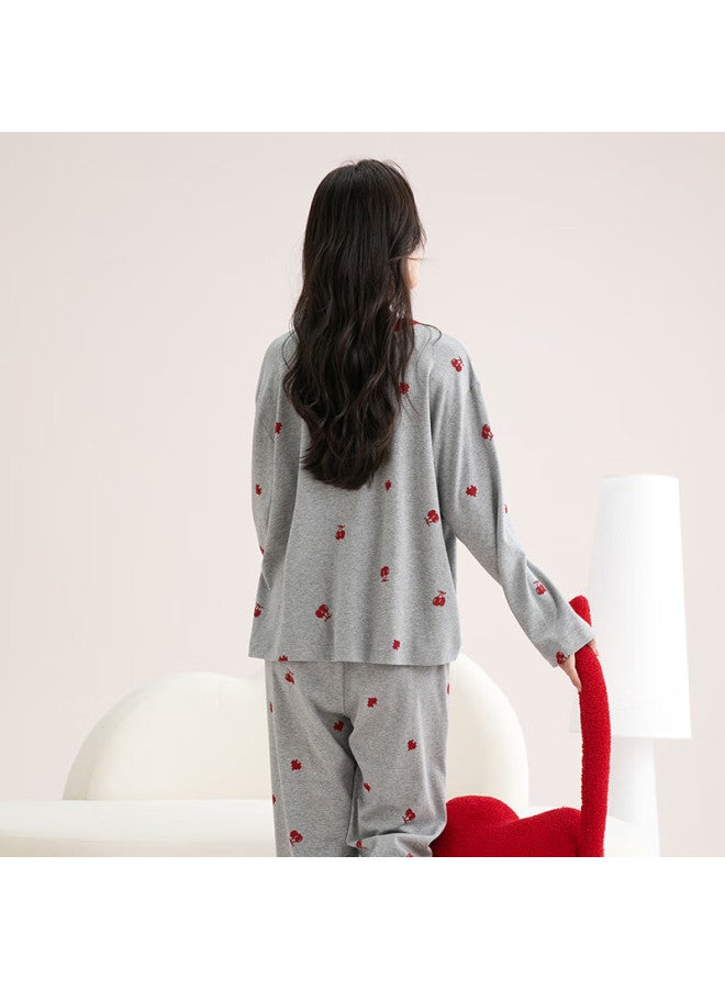 Fenton Fenteng Women's Pajamas, 100% Pure Cotton, Anti-static, Fall New Arrival, Contrasting Color Round Neck, Sweet Cherry Ladies Loungewear - Image 2