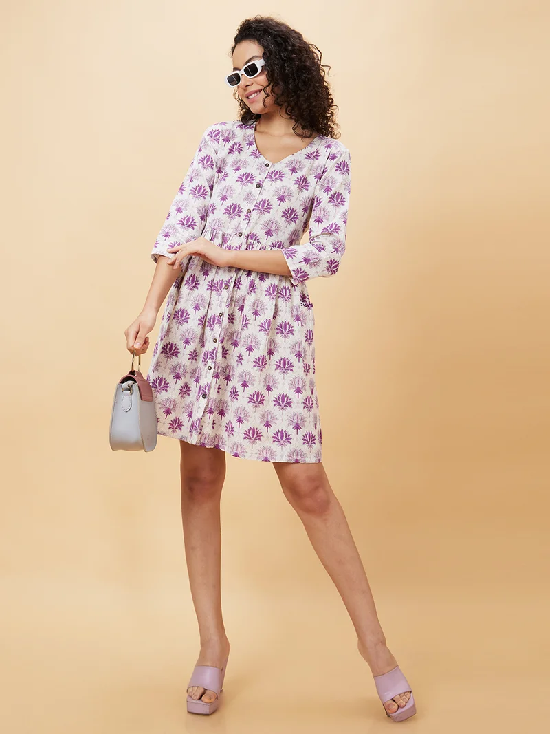 globus Women Floral Printed Gathered & Pleated Cotton A-Line Dress