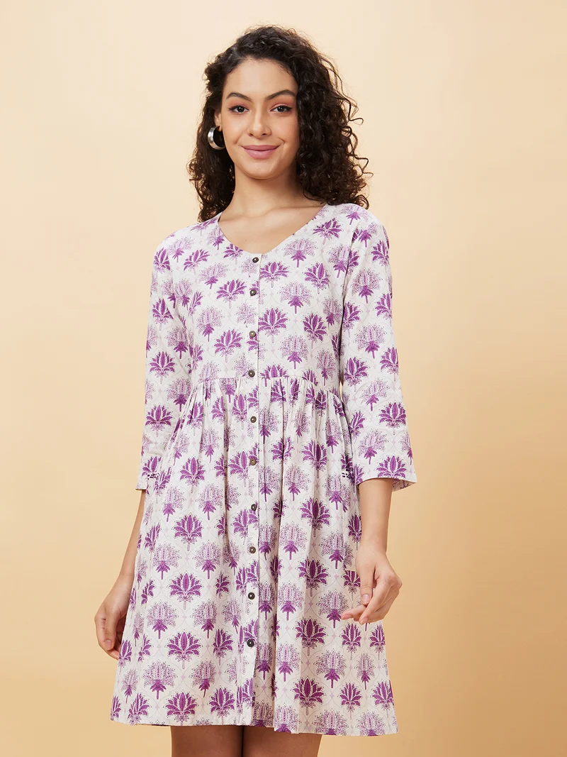 globus Women Floral Printed Gathered & Pleated Cotton A-Line Dress