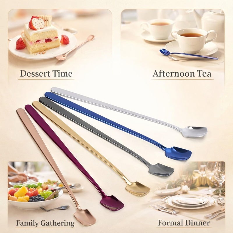 6 Pcs Dessert Spoon Set, 15cm 304 Stainless Steel, Thickened Long Handle, Multi - Color Spoons - Smooth Burr - Free Design, Multi - Purpose for Ice Cream and Mixing - Image 4