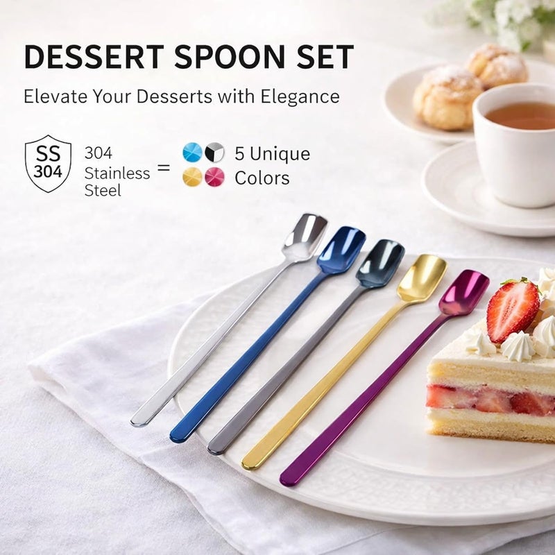 6 Pcs Dessert Spoon Set, 15cm 304 Stainless Steel, Thickened Long Handle, Multi - Color Spoons - Smooth Burr - Free Design, Multi - Purpose for Ice Cream and Mixing - Image 2