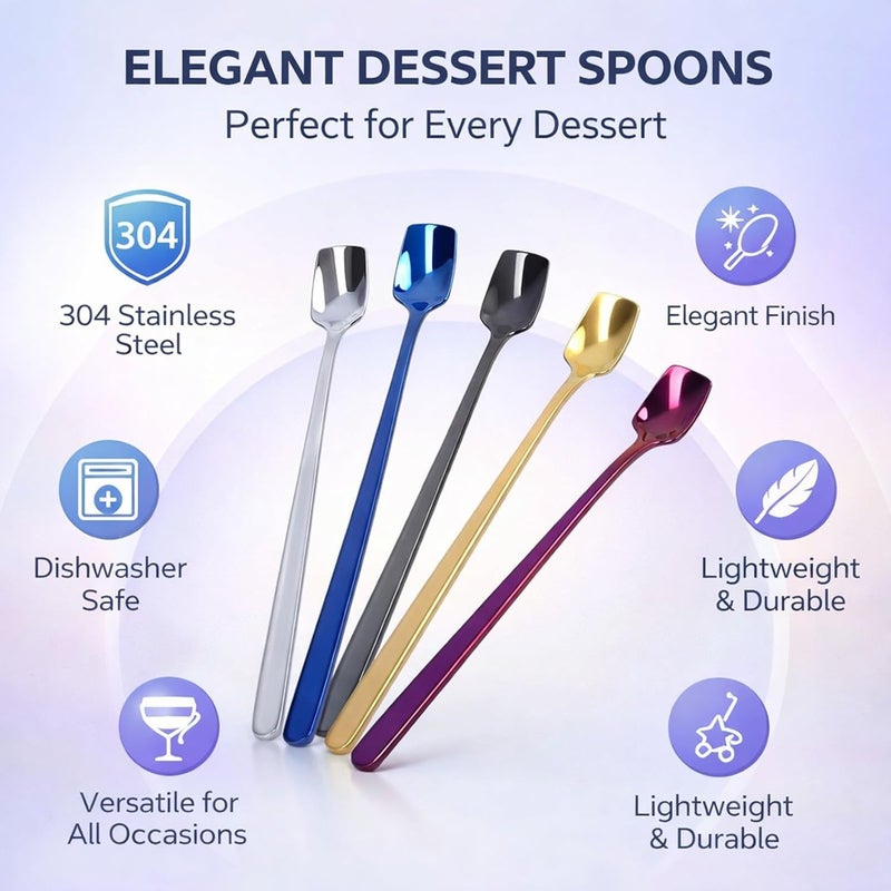 6 Pcs Dessert Spoon Set, 15cm 304 Stainless Steel, Thickened Long Handle, Multi - Color Spoons - Smooth Burr - Free Design, Multi - Purpose for Ice Cream and Mixing - Image 3