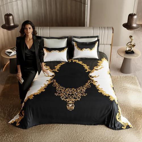 Stoa Paris 300TC UltraSatin Super Size Bedsheet with 4 Pillow Covers, 274cm x 274cm Ideal for King & Double Bed, Gentle on Skin & Hair, Fade & Wrinkle Resistant, Quick Dry, Baroque - Cream, Gold - Image 1