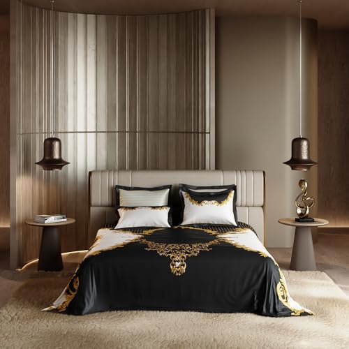 Stoa Paris 300TC UltraSatin Super Size Bedsheet with 4 Pillow Covers, 274cm x 274cm Ideal for King & Double Bed, Gentle on Skin & Hair, Fade & Wrinkle Resistant, Quick Dry, Baroque - Cream, Gold - Image 2