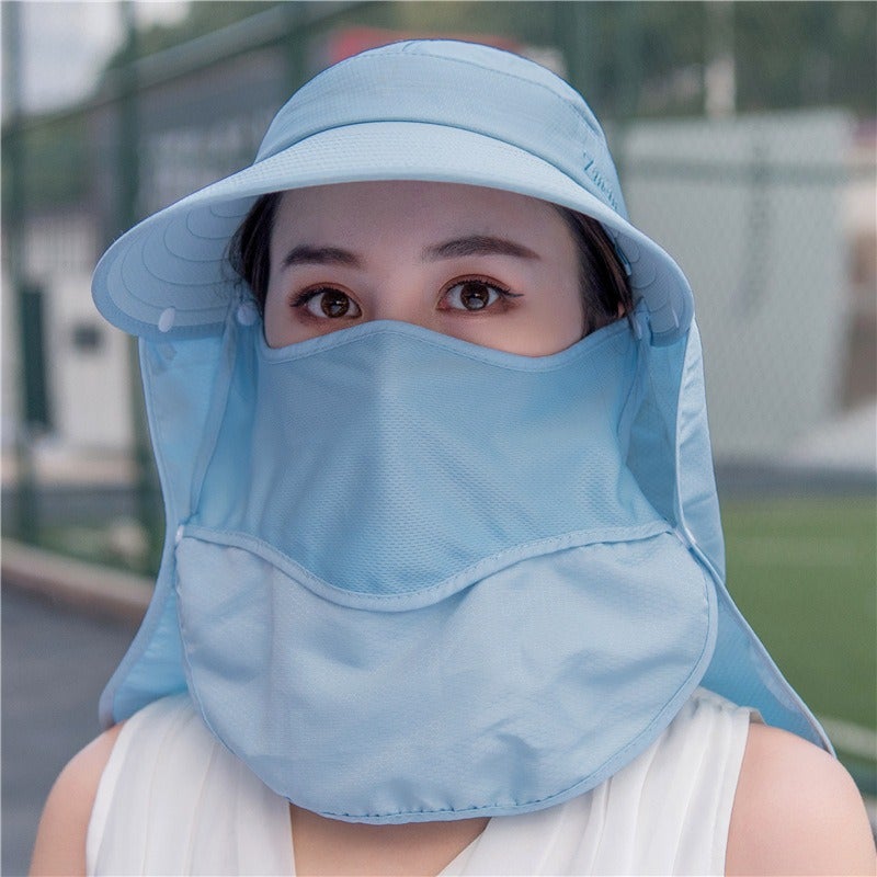 Women 360° UV Protection Full Coverage Sun Hat, Breathable Foldable Wide Brim Hat with Face Neck Flap & Anti-Wind Lanyard, Anti-Tan Sun Cap for Summer Outdoor Farming Driving Beach