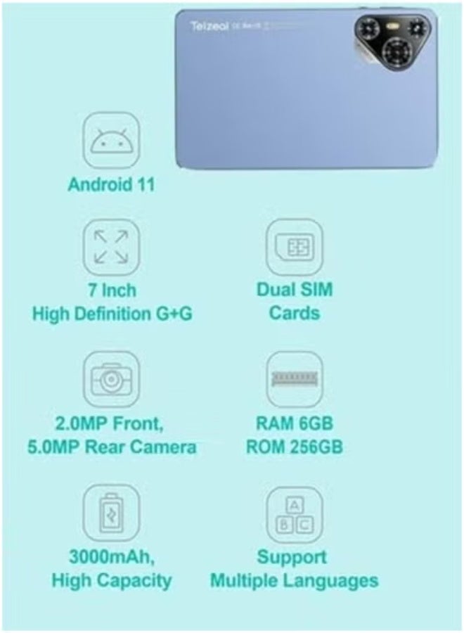Telzeal جهاز لوحي أندرويد P700 بشاشة HD مدمجة مقاس 7 بوصات، 6 جيجابايت RAM، 256 جيجابايت ROM، شريحتين SIM + دعم شبكة 5G، واي فاي وبلوتوث، معالج رباعي النواة - تصميم أزرق نحيف - بطارية 3000 مللي أمبير - كاميرتين - مثالي للأطفال والسفر والدراسة والقراءة والترفيه - Image 2