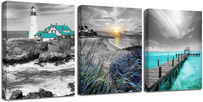 ARS Graphics ARS® Teal Ocean Canvas Wall Art - Seascape Blue Painting Lighthouse Coastal Pictures - 3 Panels Framed Artwork for Living Room and Home Office - Image 1