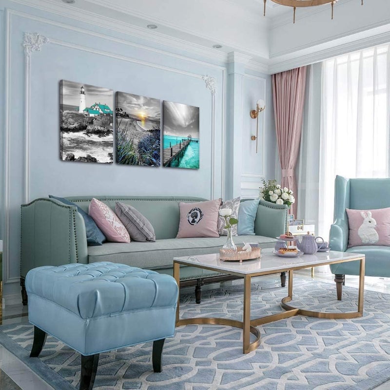 ARS Graphics ARS® Teal Ocean Canvas Wall Art - Seascape Blue Painting Lighthouse Coastal Pictures - 3 Panels Framed Artwork for Living Room and Home Office - Image 2