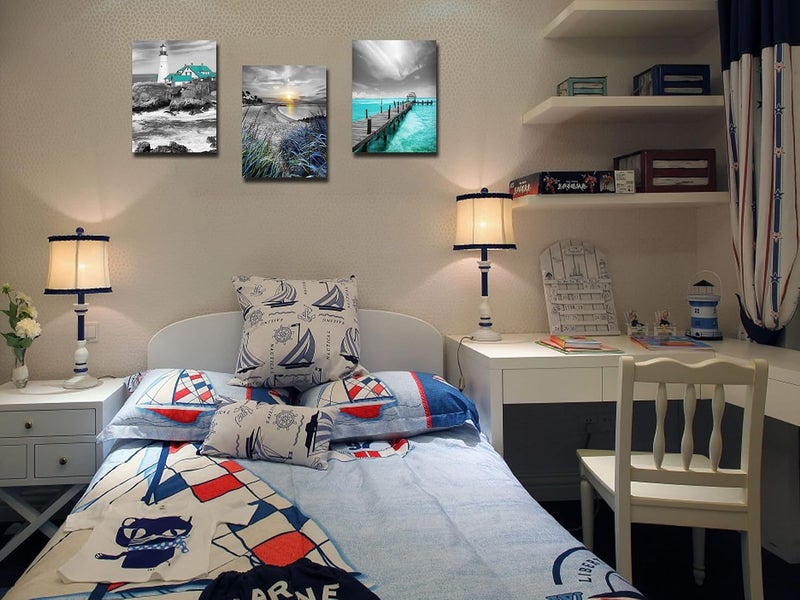 ARS Graphics ARS® Teal Ocean Canvas Wall Art - Seascape Blue Painting Lighthouse Coastal Pictures - 3 Panels Framed Artwork for Living Room and Home Office - Image 3