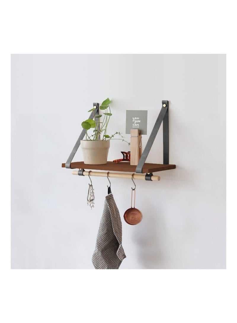 Home Gallery PU Gray Leather Strap Wall Floating Shelf Brown  - Image 1