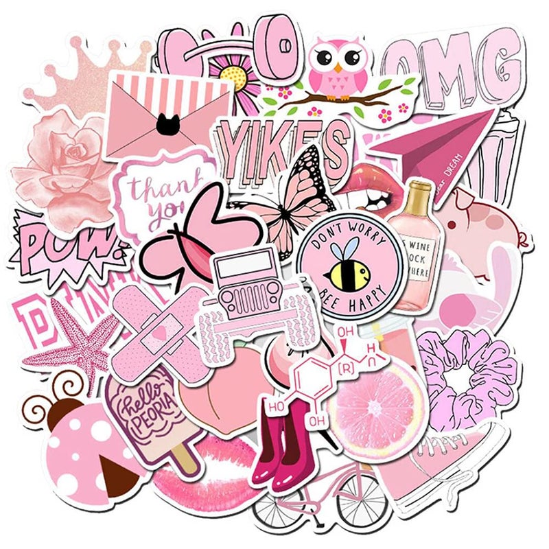 Wooowyet Girl's Pink Aesthetic Stickers - Waterproof Cute Stickers 50 PCS for Water Bottle, Laptop, Phone - Teens & Kids - Image 2