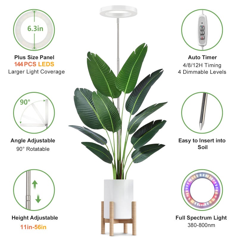 LBW Grow Lights for Indoor Plants, 144 LEDs Full Spectrum Plant Light, Large Plant Lamp with 4 Dimmable Levels, 4/8/12H Auto Timer, Height Adjustable, Halo Growing Lamp for Tall Plants, 2 Pack - Image 4