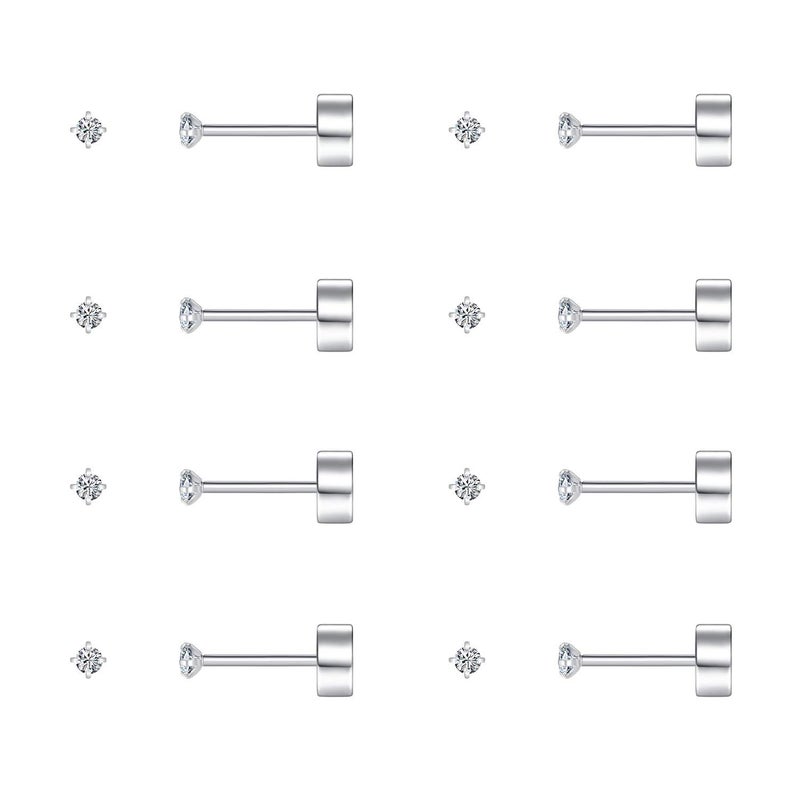 FOSIR 2mm Tiny Hypoallergenic Flat Back Earrings for Women Men Surgical Stainless Steel Stud Earrings Cubic Zirconia Studs Cartilage Earrings for Sensitive Ears Pack of 8 Pairs - Image 1