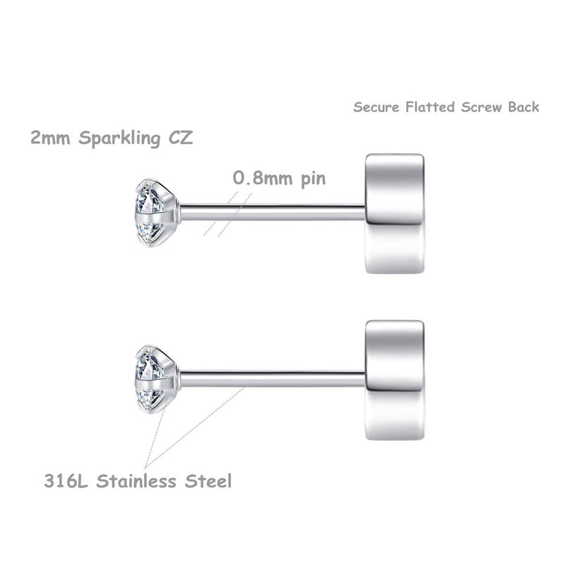 FOSIR 2mm Tiny Hypoallergenic Flat Back Earrings for Women Men Surgical Stainless Steel Stud Earrings Cubic Zirconia Studs Cartilage Earrings for Sensitive Ears Pack of 8 Pairs - Image 2