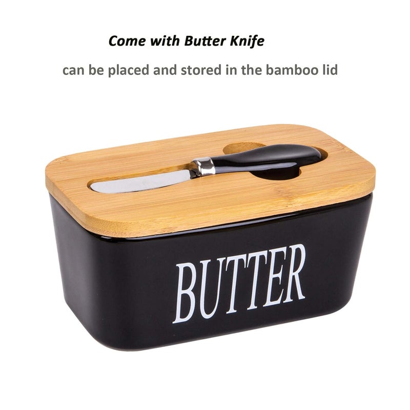 Arswin Butter Dish with Cover and knifeCeramics Butter Container with Bamboo Lid for CountertopLarger Butter Dishes with Covers Perfect for East West Coast ButterBlack with Words - Image 3