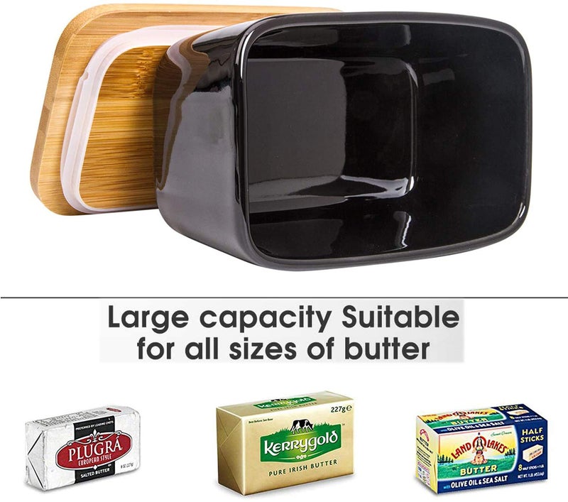 Arswin Butter Dish with Cover and knifeCeramics Butter Container with Bamboo Lid for CountertopLarger Butter Dishes with Covers Perfect for East West Coast ButterBlack with Words - Image 4