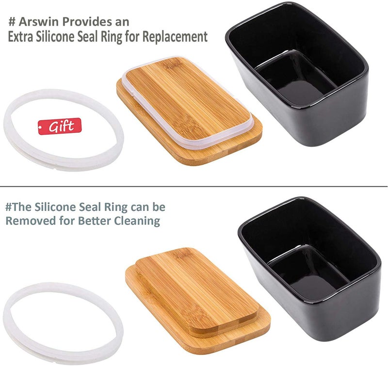 Arswin Butter Dish with Cover and knifeCeramics Butter Container with Bamboo Lid for CountertopLarger Butter Dishes with Covers Perfect for East West Coast ButterBlack with Words - Image 5