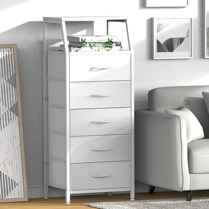 Ollieroo 5-Drawer White Tall Fabric Dresser for Bedroom and Dorm - Image 2