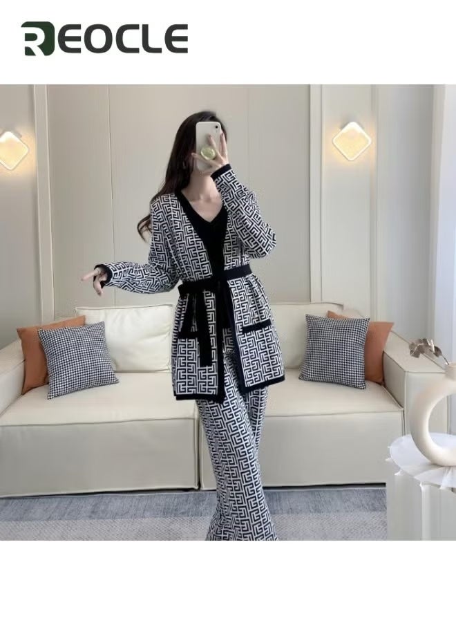 REOCLE Women's 4 Piece Outfits Long Sleeve Knit Coat Shirtless Vest Wide Leg Pants Solid Belt Rib Knit Lounge Sets Leisure Wear - Image 5