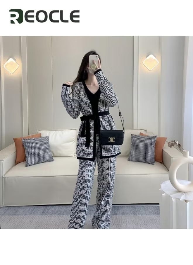 REOCLE Women's 4 Piece Outfits Long Sleeve Knit Coat Shirtless Vest Wide Leg Pants Solid Belt Rib Knit Lounge Sets Leisure Wear - Image 3