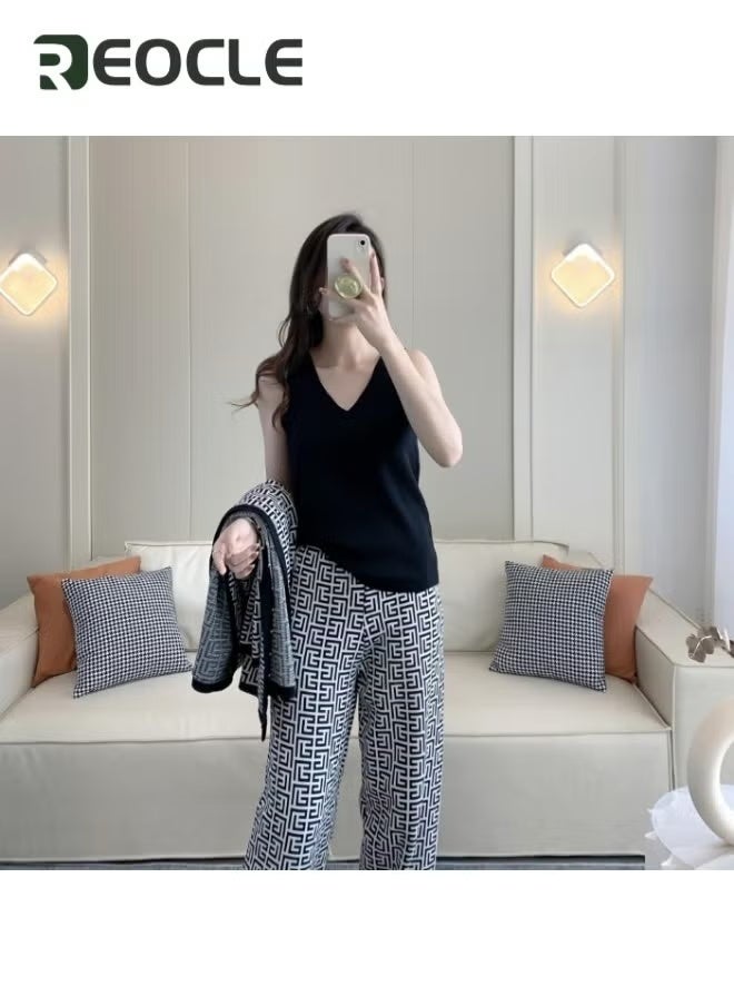 REOCLE Women's 4 Piece Outfits Long Sleeve Knit Coat Shirtless Vest Wide Leg Pants Solid Belt Rib Knit Lounge Sets Leisure Wear - Image 1