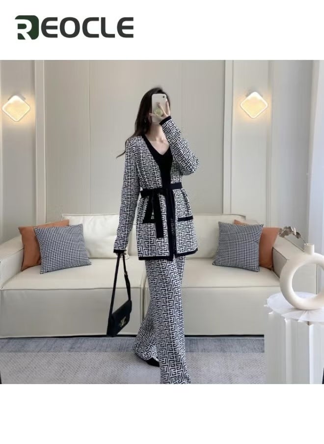 REOCLE Women's 4 Piece Outfits Long Sleeve Knit Coat Shirtless Vest Wide Leg Pants Solid Belt Rib Knit Lounge Sets Leisure Wear - Image 4