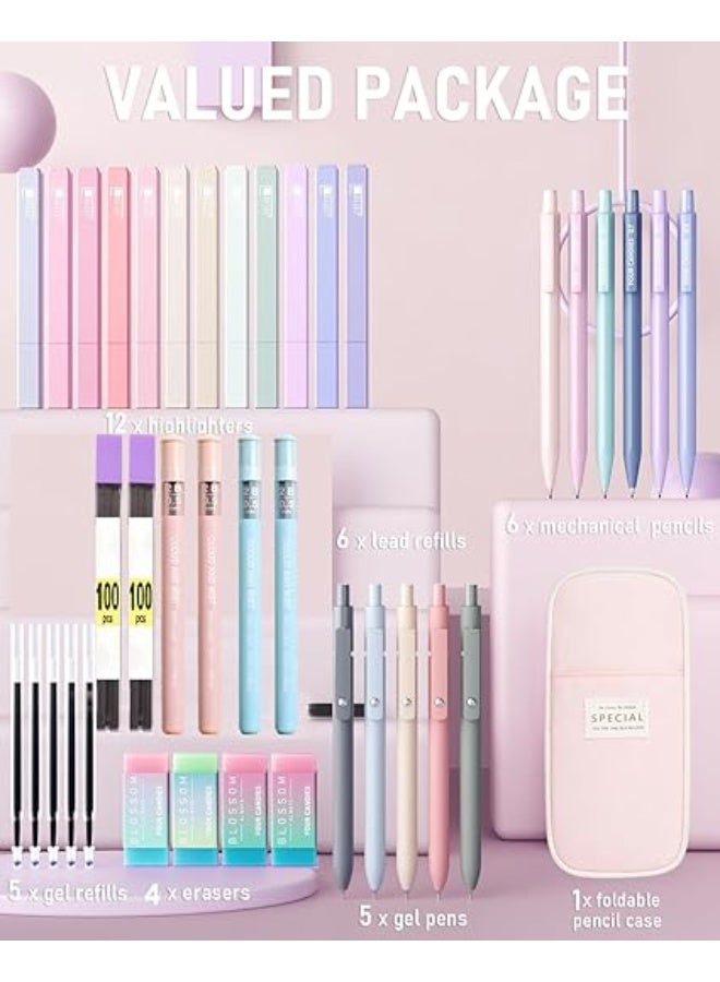 مستلزمات مدرسية جمالية مع حافظة أقلام، 12 قلم تحديد باستيل، 5 أقلام جل حبر سوداء، 5 عبوات إعادة تعبئة لأقلام الجل، 4 أستيكات، 4 أقلام سنون بقياس 0.5 و0.7 مم، مجموعة مستلزمات مثالية للطلاب والجامعة - Image 5
