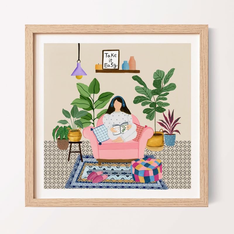 The Spring Palette (TSP) The Spring Palette Leisure Hours Modern Wall Painting Self Love Theme Modern Art Painting for Living Room Bed Room and Office 10 x 10 inches Natural Frame 